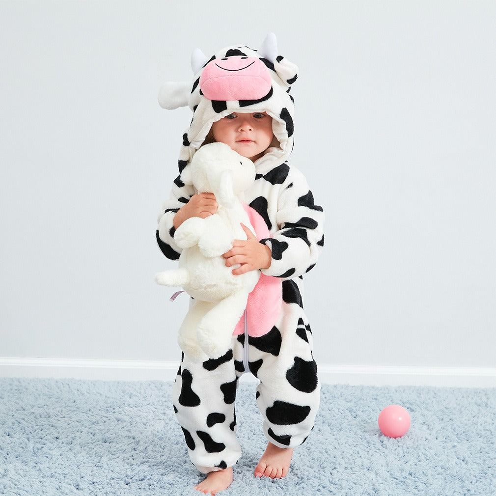 Front view of cow-inspired baby jumpsuit, showcasing comfortable and secure fit.