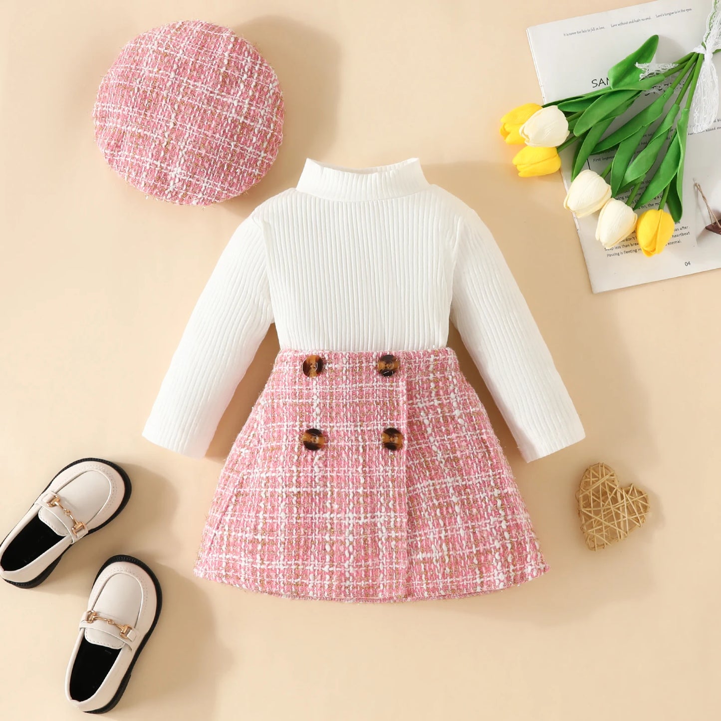 Baby Girl Clothing Set 6M-3Y – Knit Long Sleeve Top, Plaid Skirt & Hat Outfit for Fall/Spring