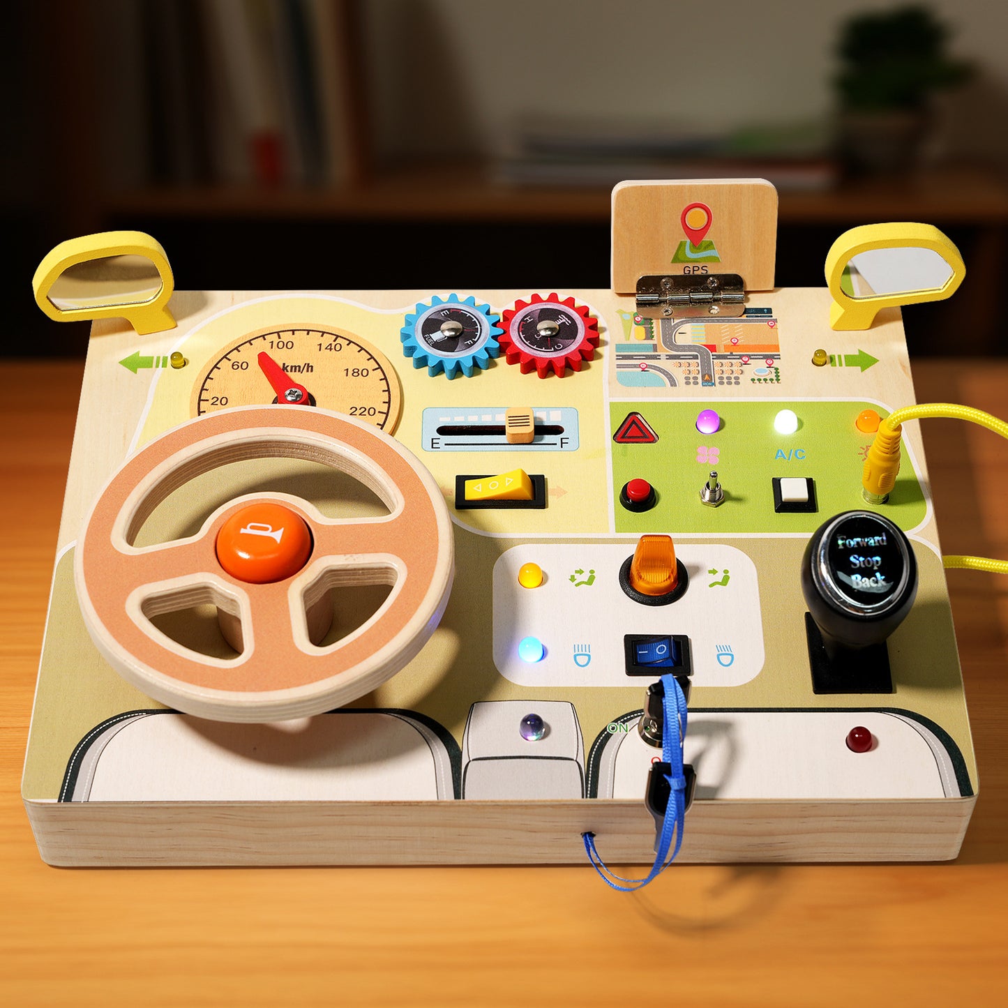 Car-Inspired Busy Board for Toddlers - Wooden LED Light Socket, for Early Education and Cognitive Development