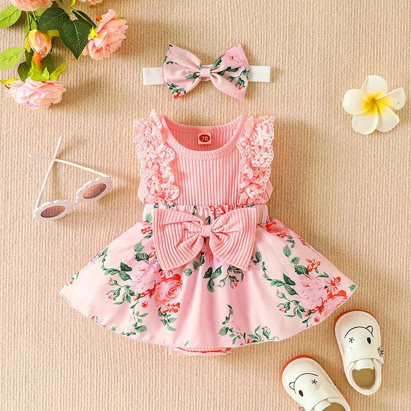 Baby & Children's Set - Lace Splicing Flower Print Jumpsuit with Pit Strip Design