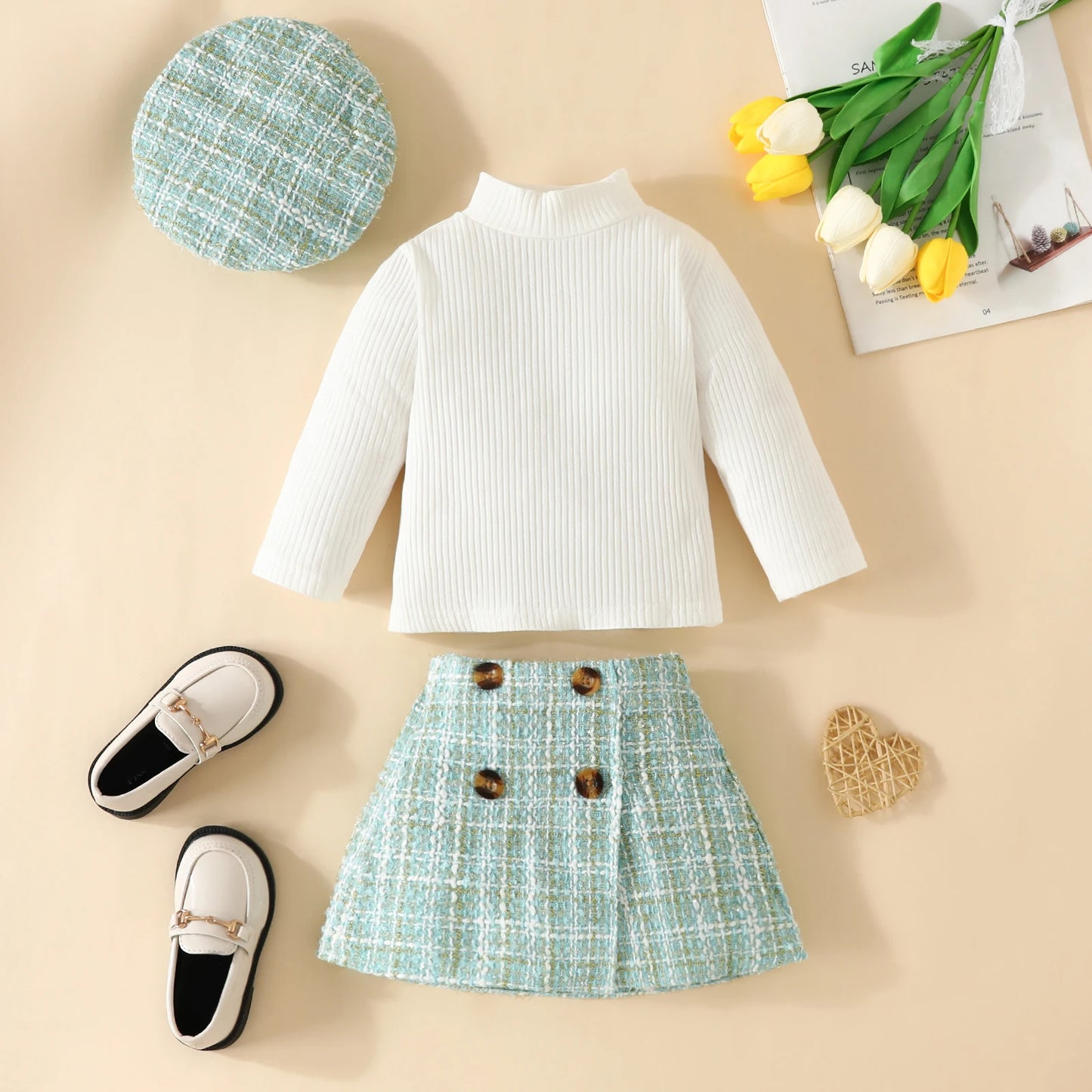 Baby Girl Clothing Set 6M-3Y – Knit Long Sleeve Top, Plaid Skirt & Hat Outfit for Fall/Spring