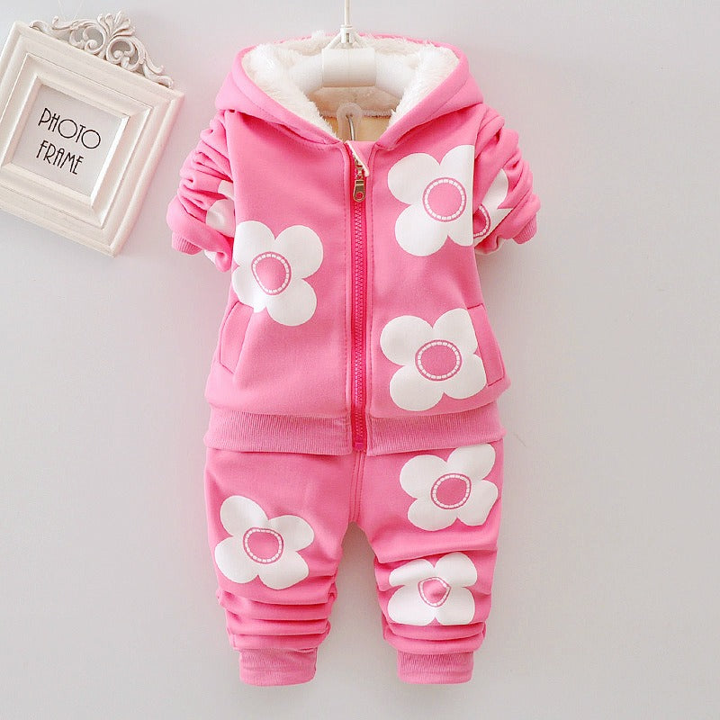 Girls' Plush Outdoor Wear Set - Floral Two-Piece Autumn and Early Winter Clothing