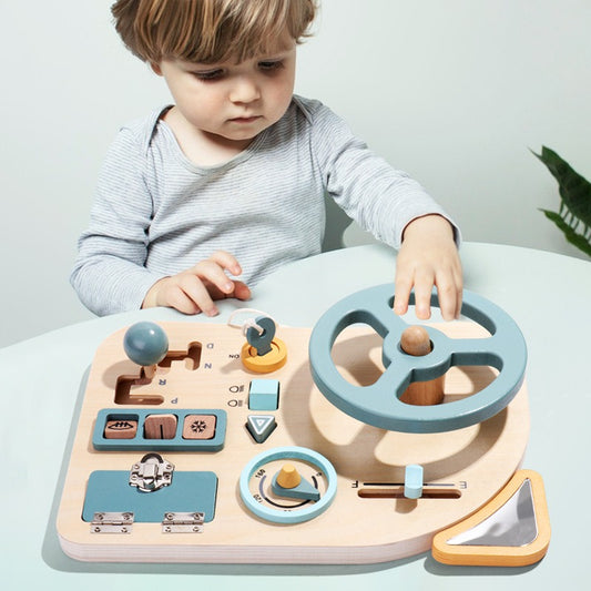 Montessori Busy Board - Simulated Driving Car Steering Wheel Wooden Educational Toy for Children