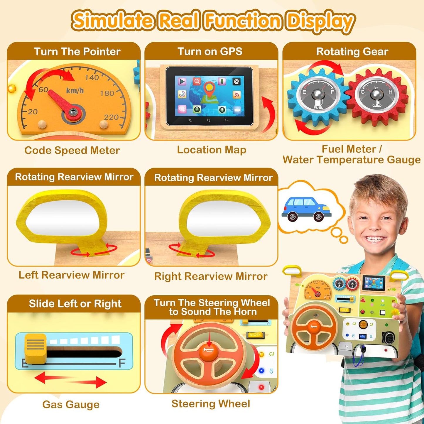 Car-Inspired Busy Board for Toddlers - Wooden LED Light Socket, for Early Education and Cognitive Development