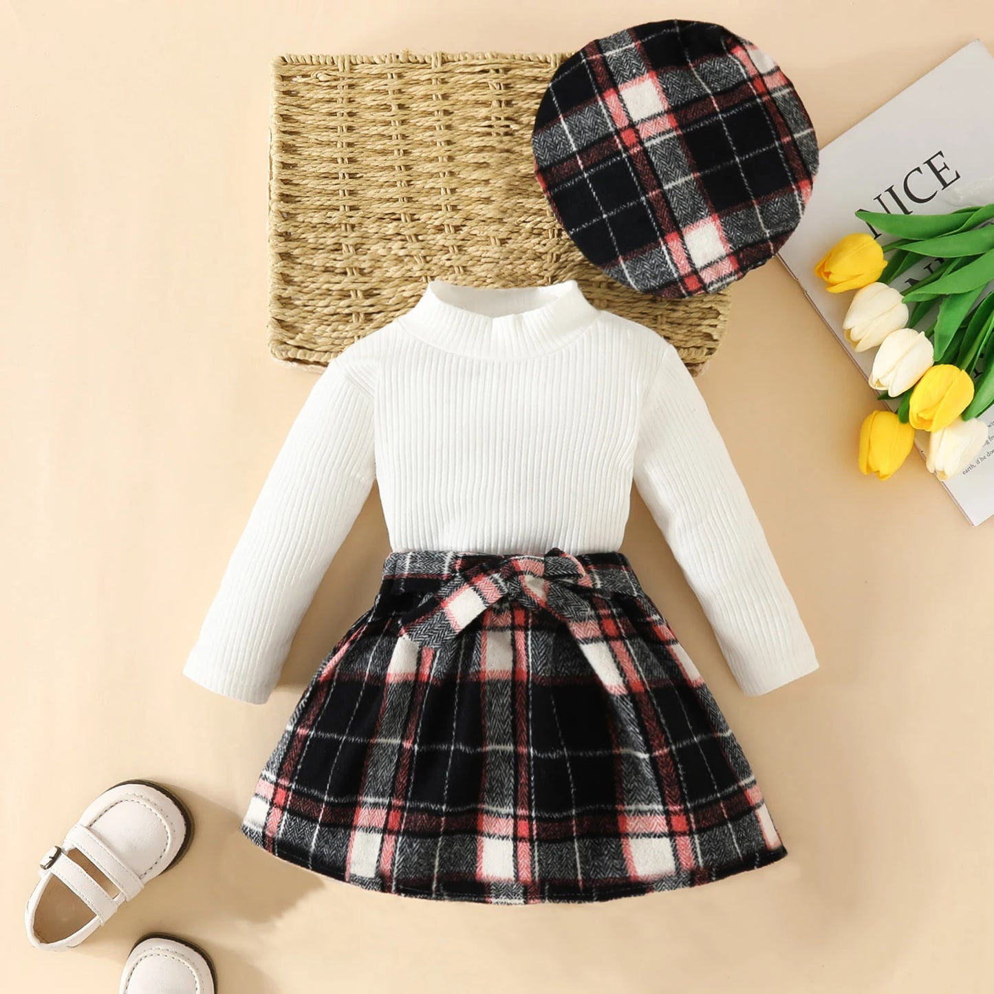 Baby Girl Clothing Set 6M-3Y – Knit Long Sleeve Top, Plaid Skirt & Hat Outfit for Fall/Spring