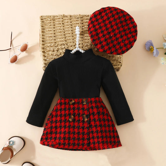 Baby Girl Outfit Set - Knit Long Sleeve Top, Plaid Skirt, and Hat (6M-3Y)