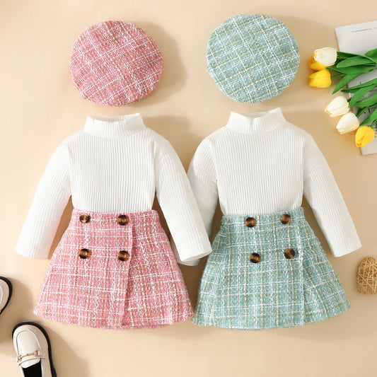 Baby Girl Clothing Set 6M-3Y – Knit Long Sleeve Top, Plaid Skirt & Hat Outfit for Fall/Spring