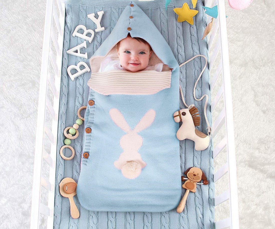 Solid Color Baby Knitted Rabbit Button Sleeping Bag - Wool Outdoor Stroller Baby Sleeping Bag