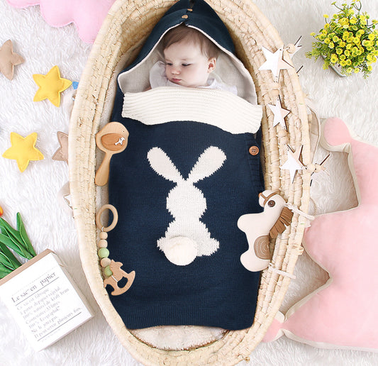 Solid Color Baby Knitted Rabbit Button Sleeping Bag - Wool Outdoor Stroller Baby Sleeping Bag