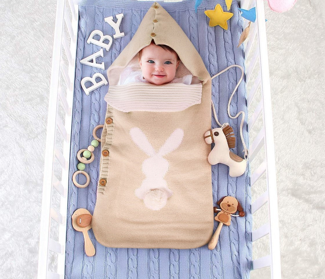 Solid Color Baby Knitted Rabbit Button Sleeping Bag - Wool Outdoor Stroller Baby Sleeping Bag