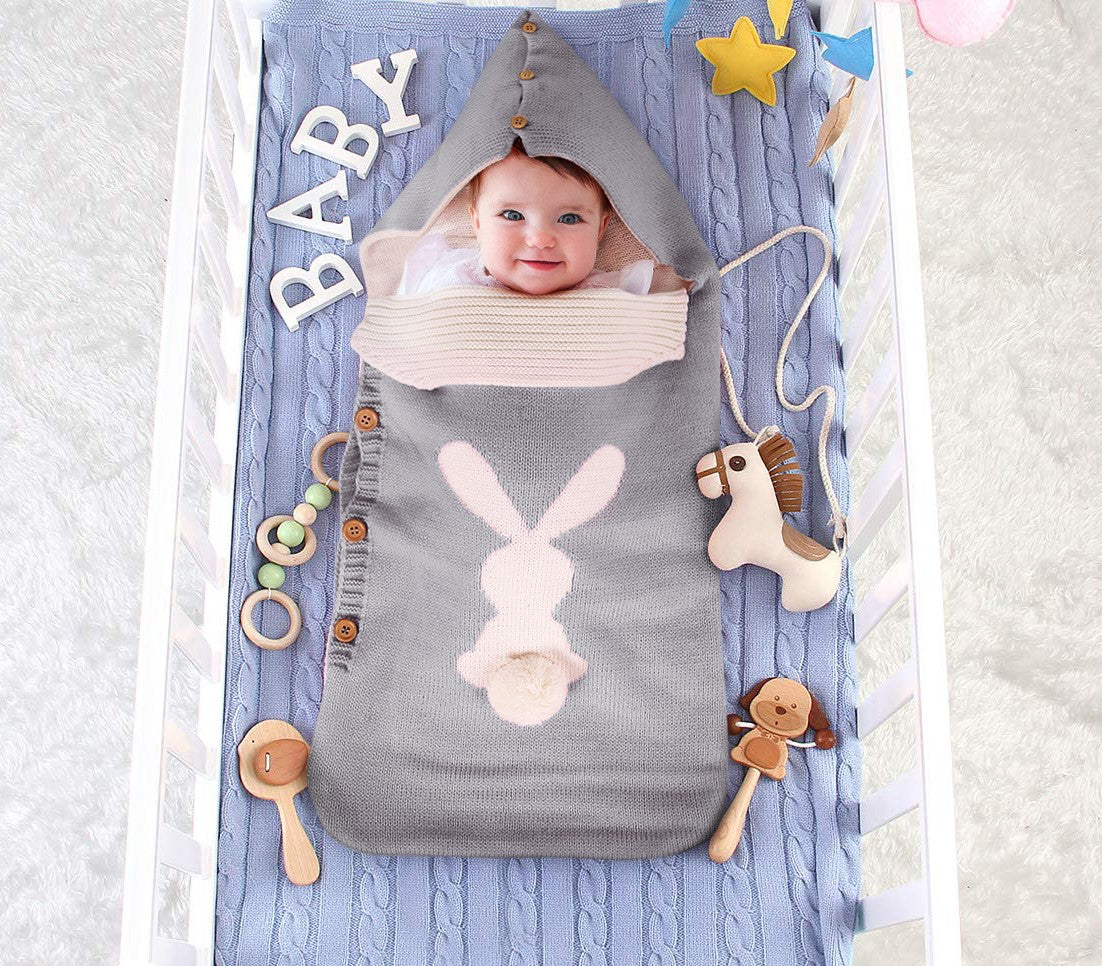 Solid Color Baby Knitted Rabbit Button Sleeping Bag - Wool Outdoor Stroller Baby Sleeping Bag