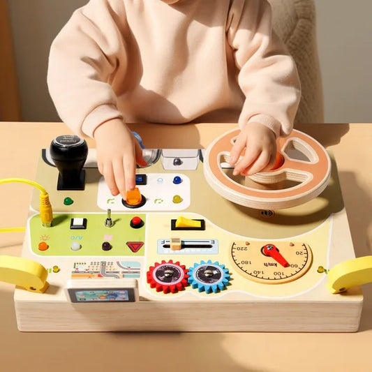 Car-Inspired Busy Board for Toddlers - Wooden LED Light Socket, for Early Education and Cognitive Development