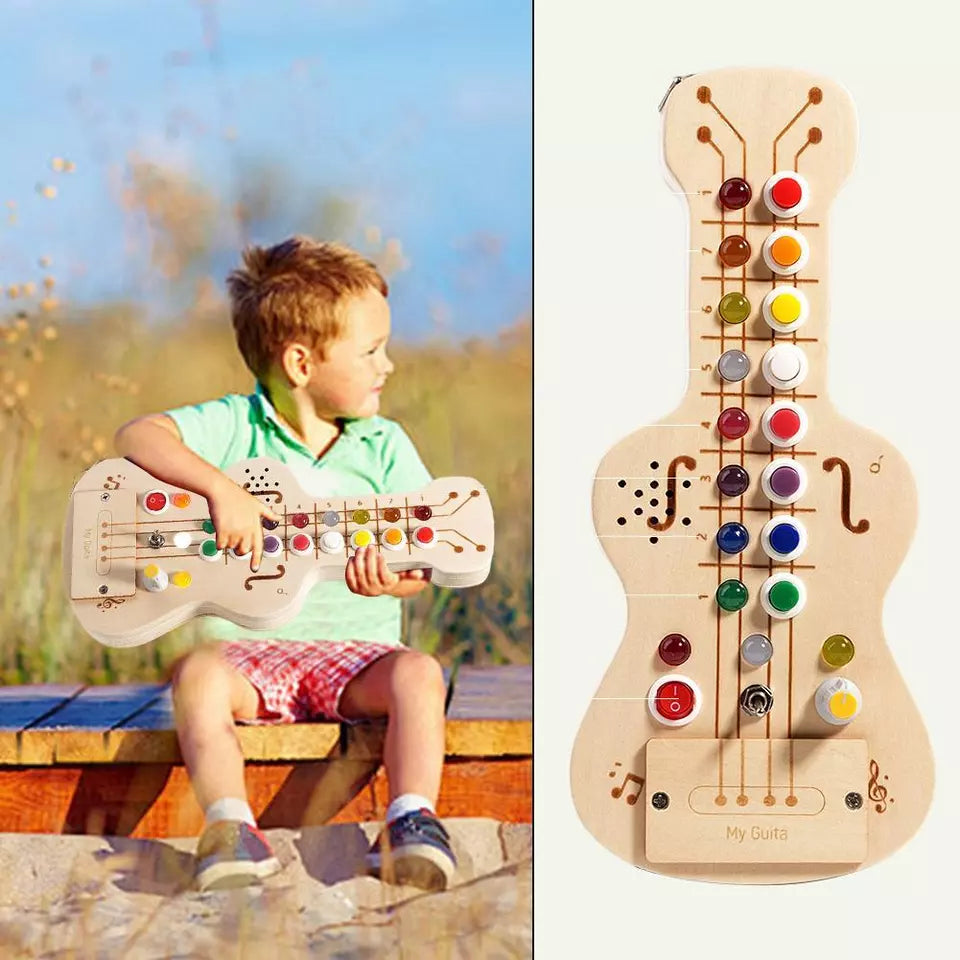 Wooden LED Busy Board - Montessori Guitar Toy with Switch Lights & Melodic Sound for Early Education