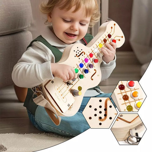 Wooden LED Busy Board - Montessori Guitar Toy with Switch Lights & Melodic Sound for Early Education